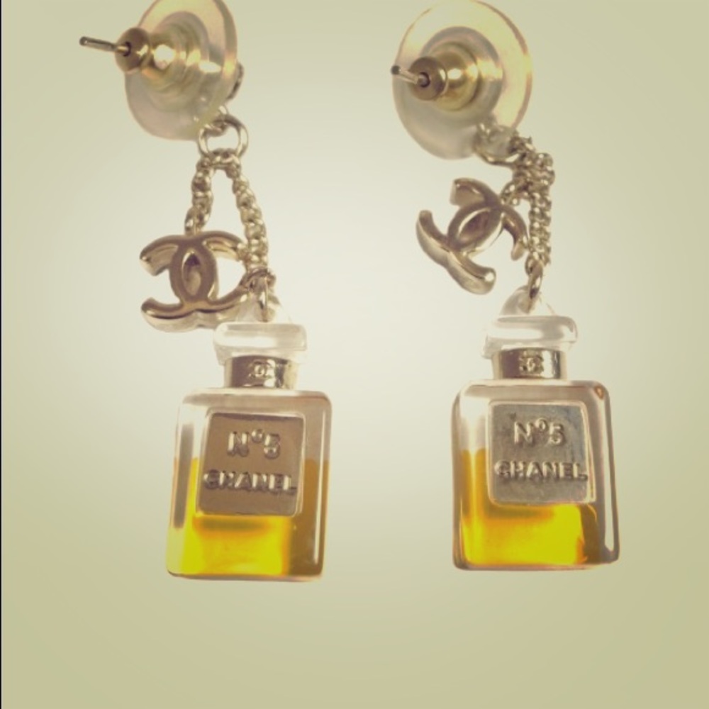 Chanel No.5 Perfume bottle cc drop Earrings Gold.